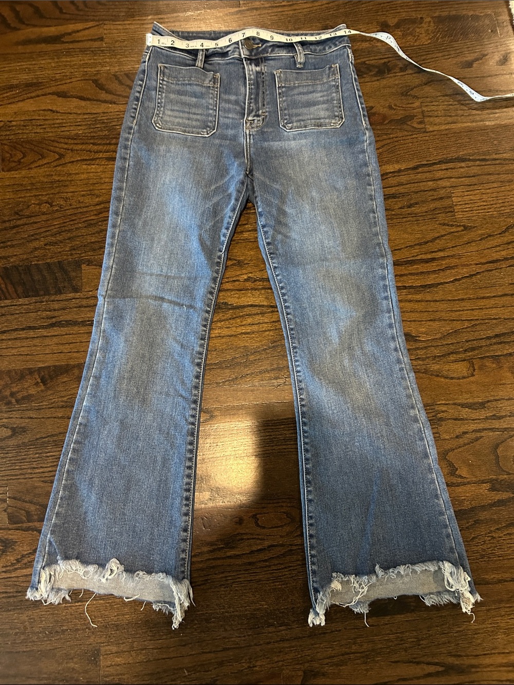 High-Rise Blue Frayed Hem Flare Jeans